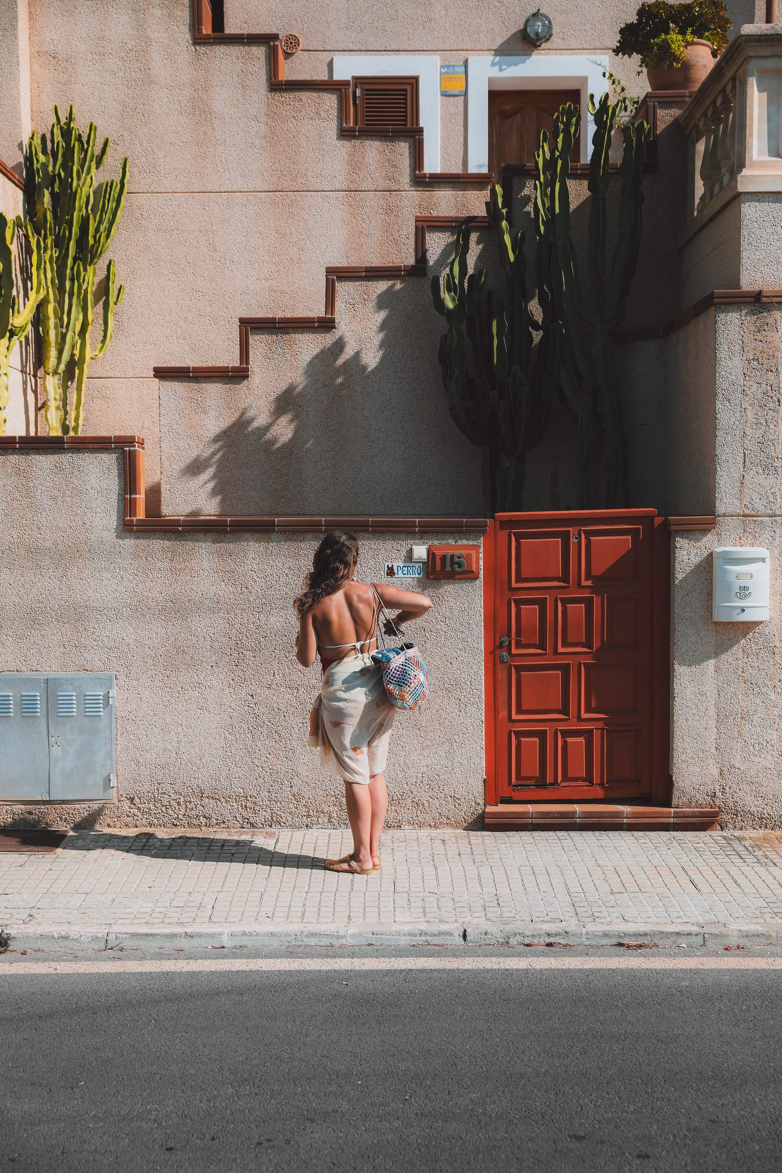 A red door, cacti and hard afternoon light on a back street in Mallorca.