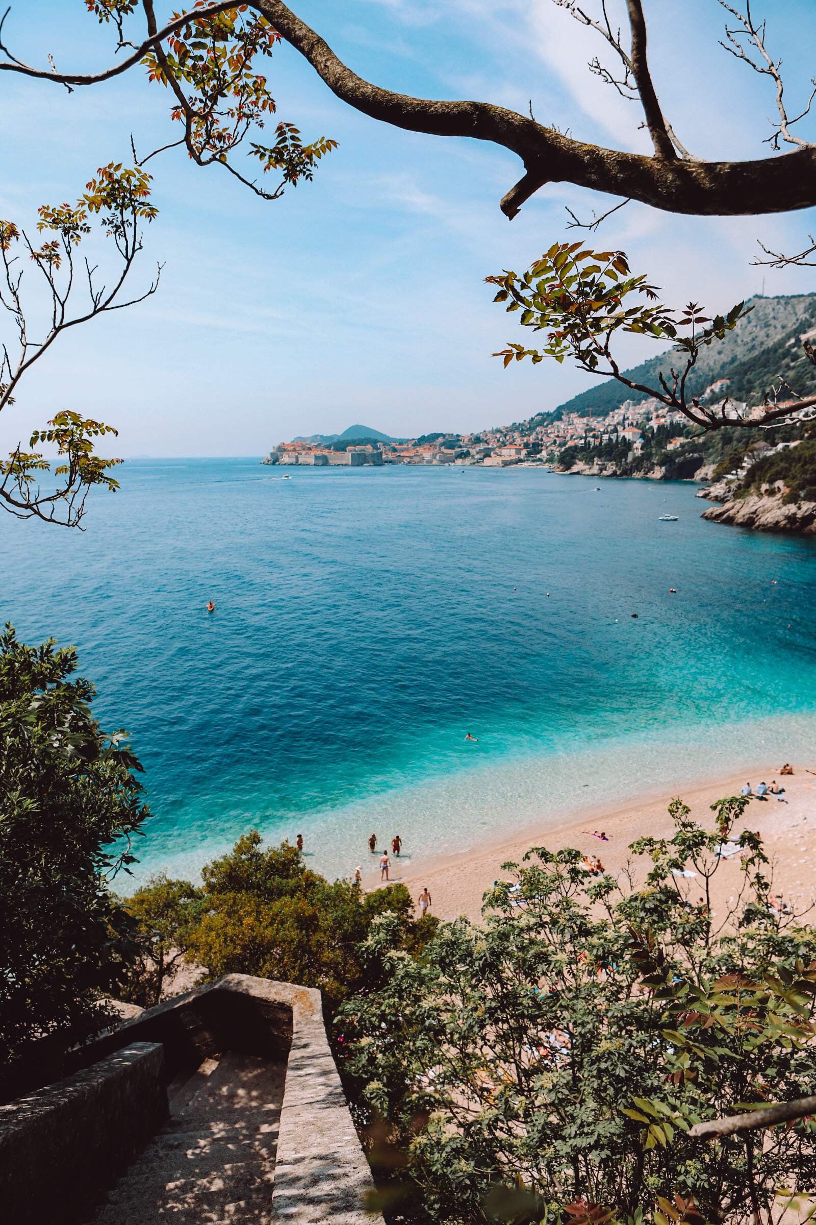 Looking down through the trees to the beach outside Dubrovnik's old town.